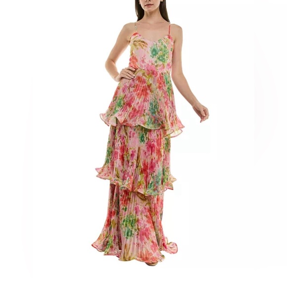 Macys: Women's Printed Pleated Tiered Sleeveless Gown - Picture 1 of 6